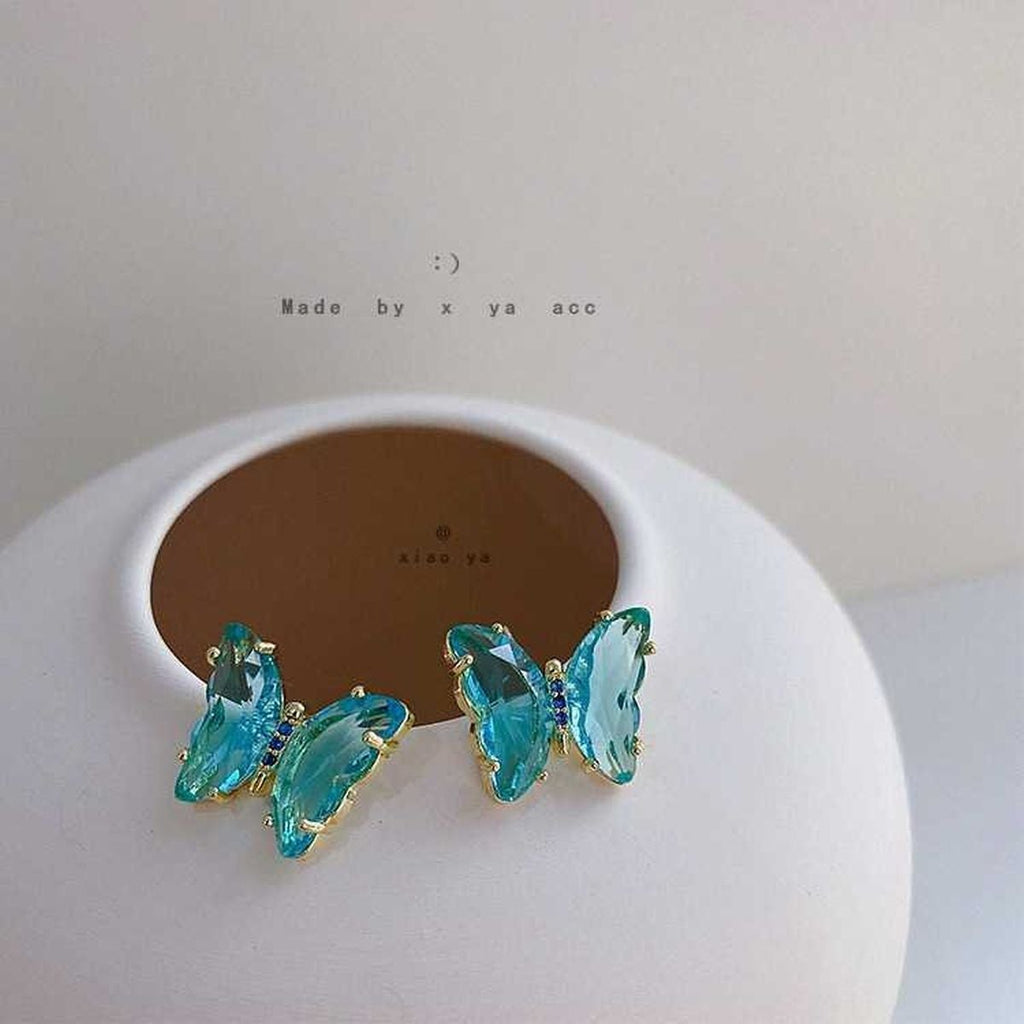 Butterfly Gold Blue Crystal Stud Earring Pair Women Bulk
