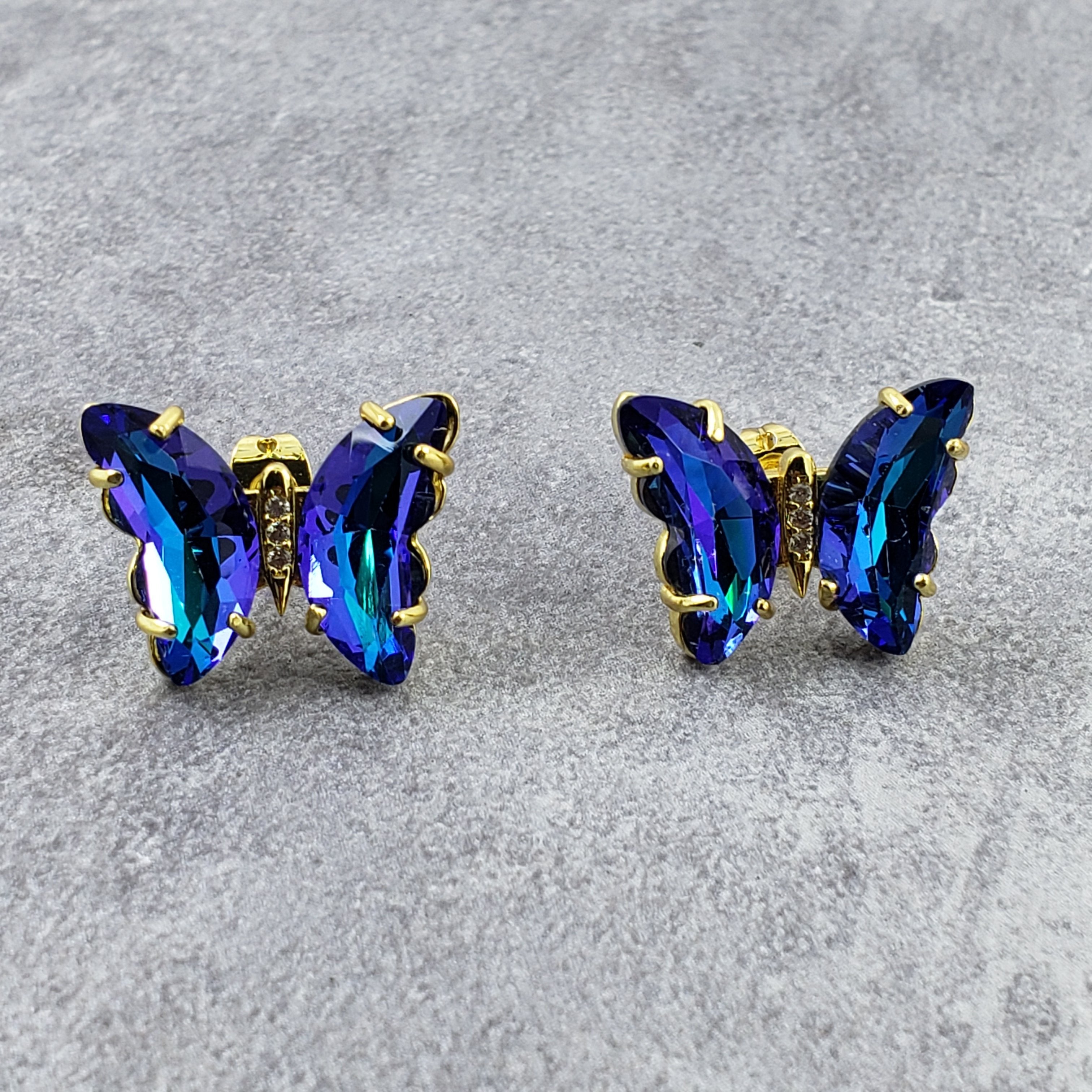 Butterfly Blue Crystal Gold Stud Earring Pair For Women Bulk