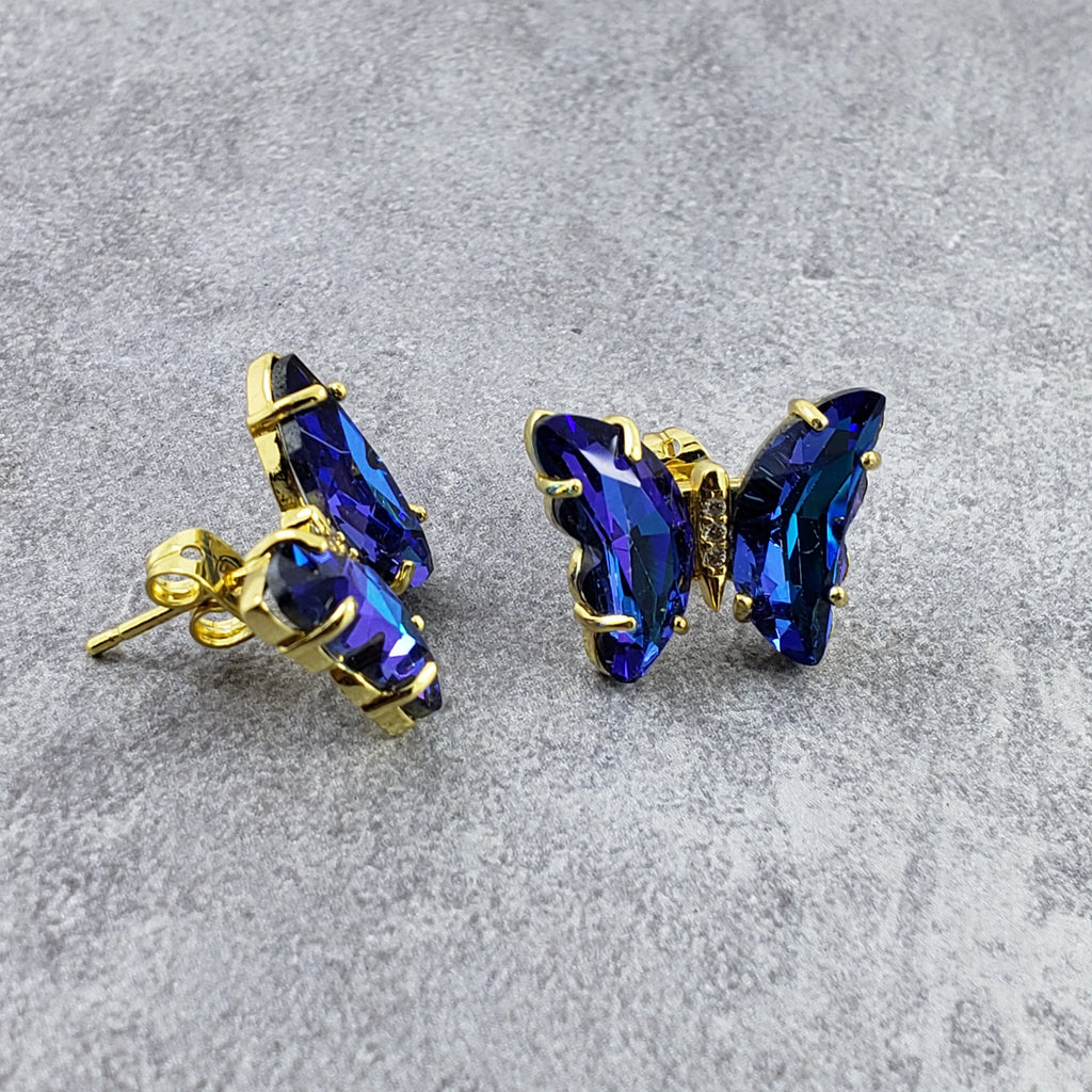 Butterfly Blue Crystal Gold Stud Earring Pair For Women Bulk