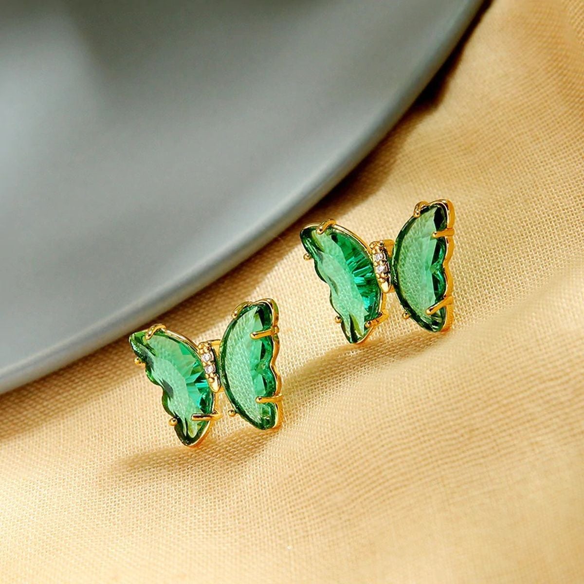 Butterfly Gold Green Crystal Stud Earring Pair Women Bulk