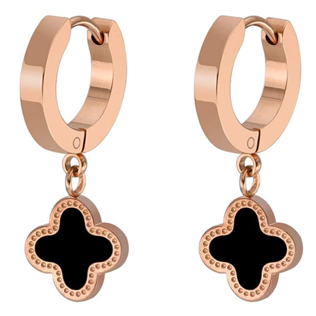 Clover Flower Rose Gold Black Stainless Steel Hoop Drop Earring Pair For Women