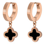 Clover Flower Rose Gold Black Stainless Steel Hoop Drop Earring Pair For Women
