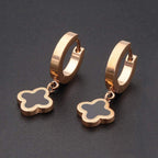 Clover Flower Rose Gold Black Stainless Steel Hoop Drop Earring Pair For Women