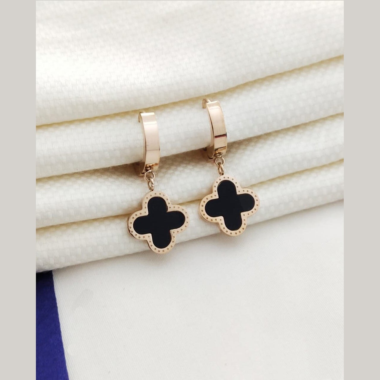 Clover Flower Rose Gold Black Stainless Steel Hoop Drop Earring Pair For Women