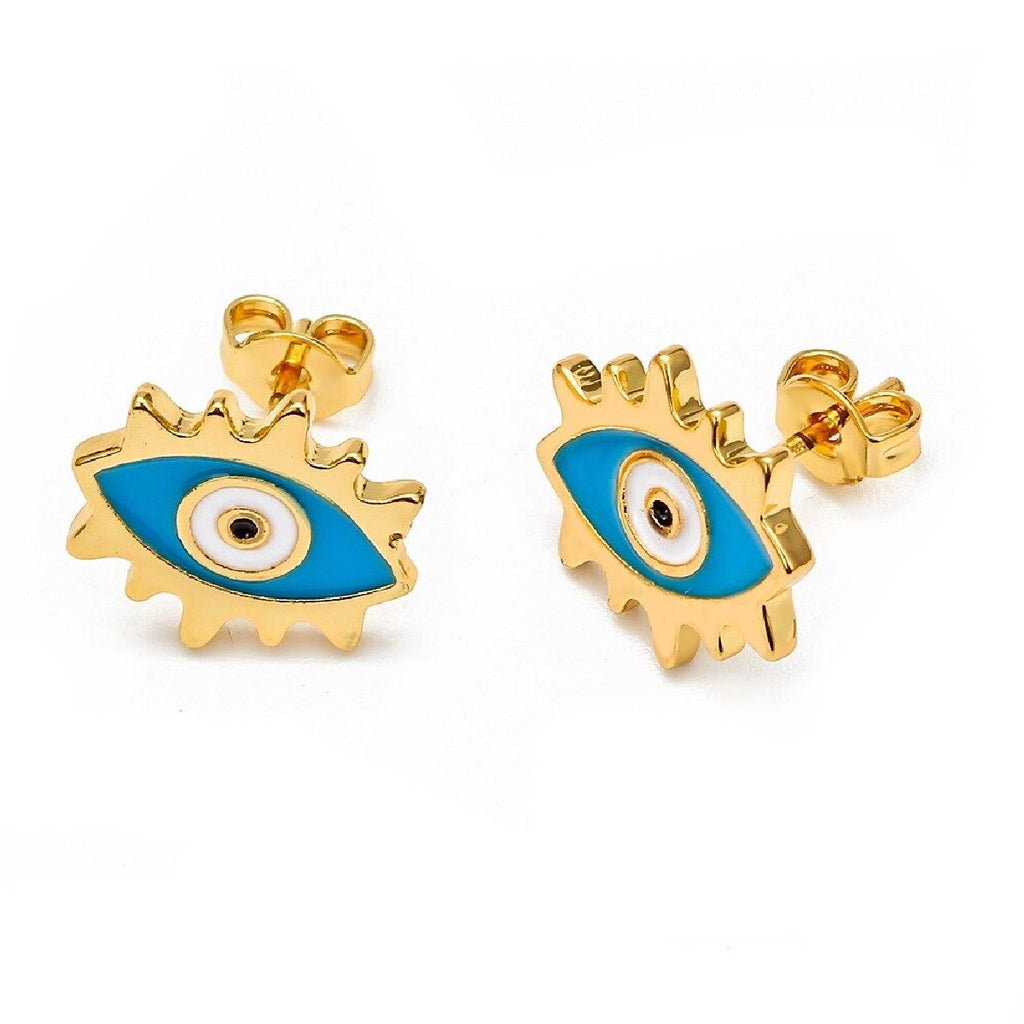 Oval Evil Eye Eyelash Blue Gold Copper Enamel Stud Earring Pair Bulk