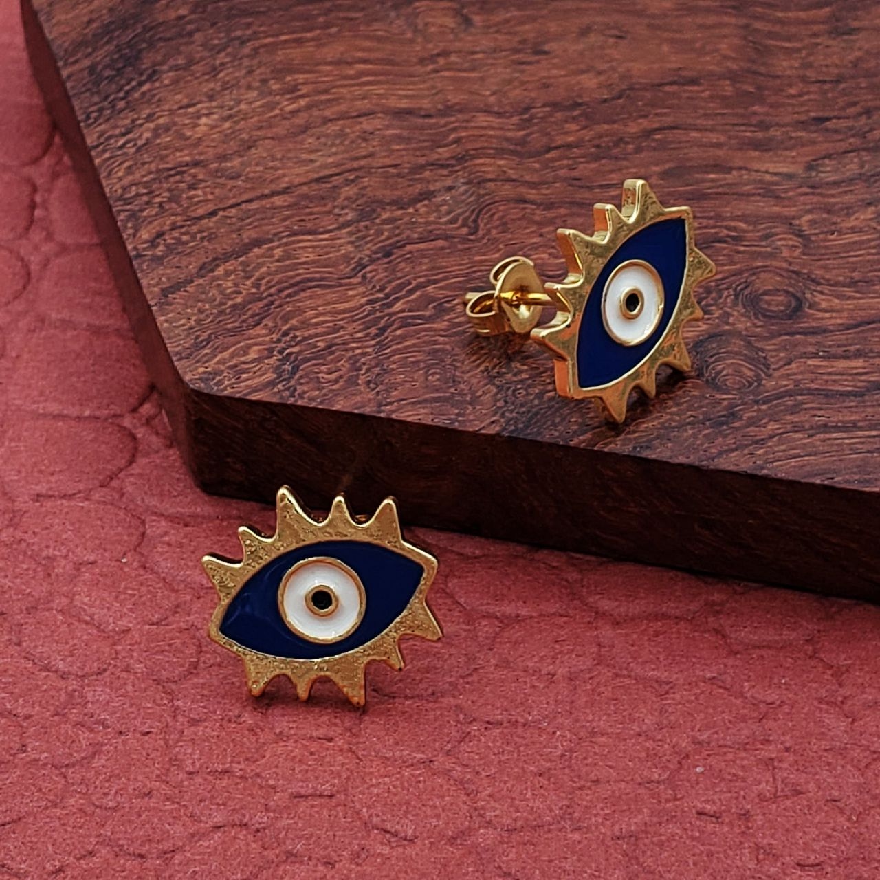 Oval Evil Eye Eyelash Blue Gold Copper Enamel Stud Earring Pair Bulk