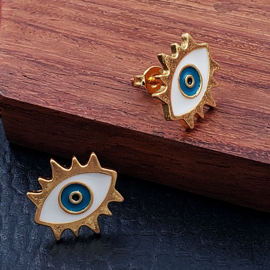 Oval Evil Eye Eyelash Blue Gold Copper Enamel Stud Earring Pair Bulk