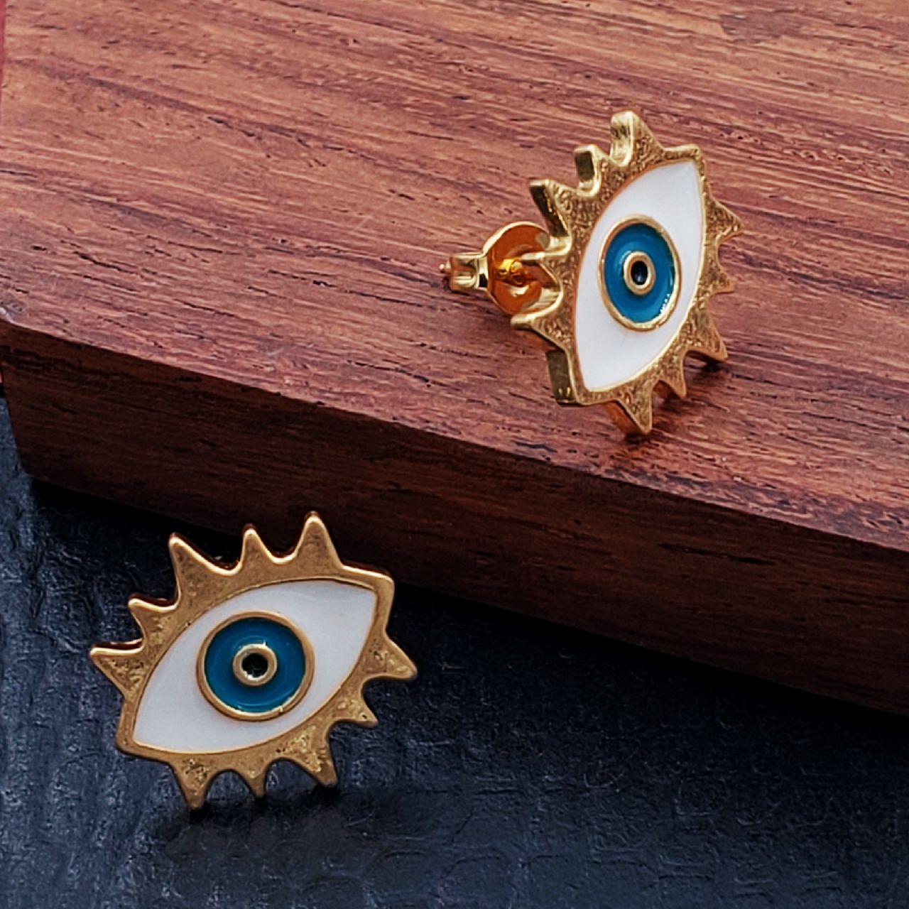 Oval Evil Eye Eyelash Blue Gold Copper Enamel Stud Earring Pair Bulk