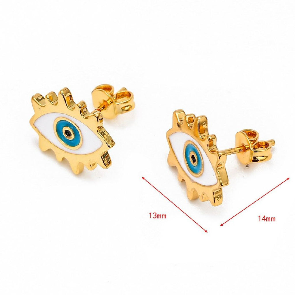 Oval Evil Eye Eyelash Blue Gold Copper Enamel Stud Earring Pair Bulk