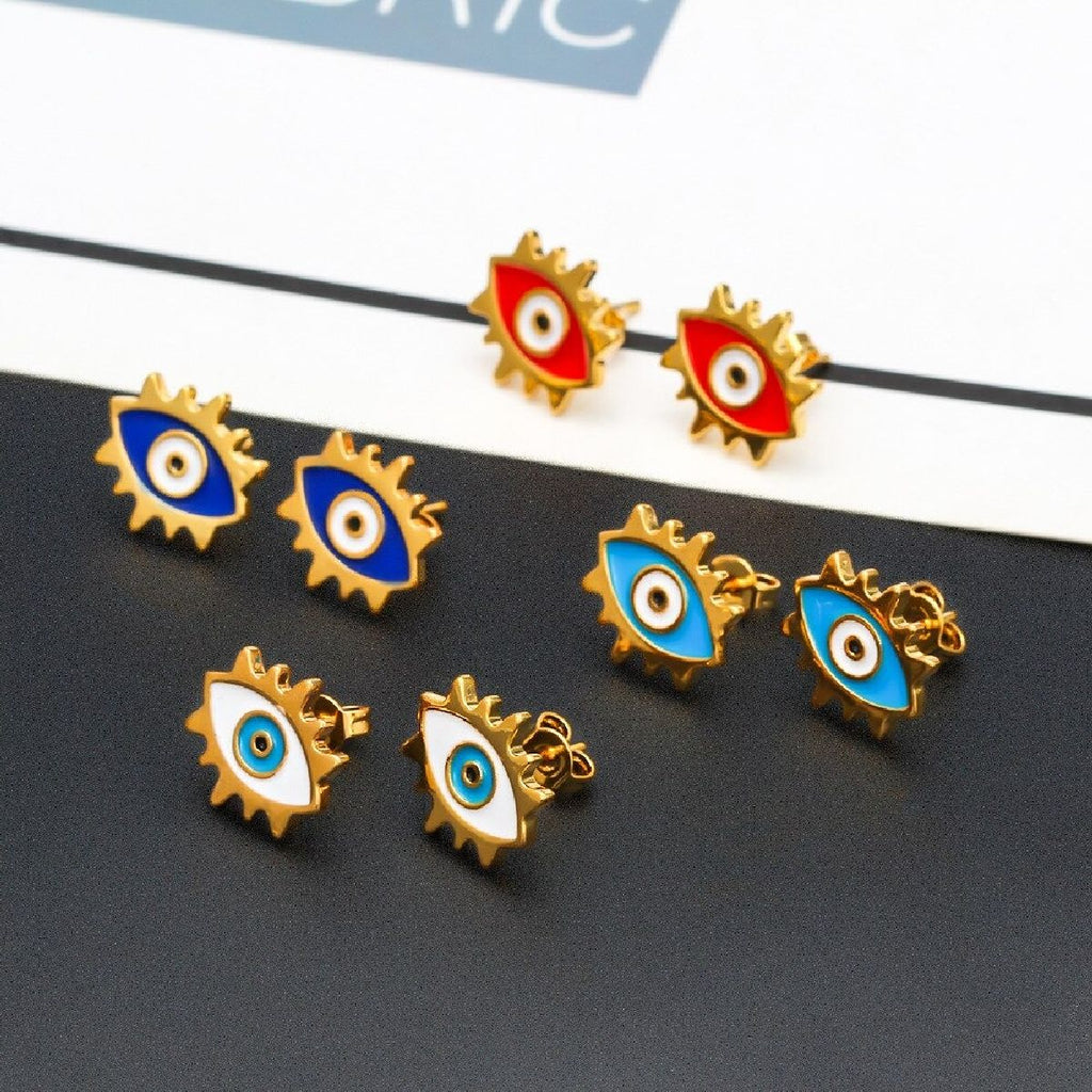 Oval Evil Eye Eyelash Blue Gold Copper Enamel Stud Earring Pair Bulk
