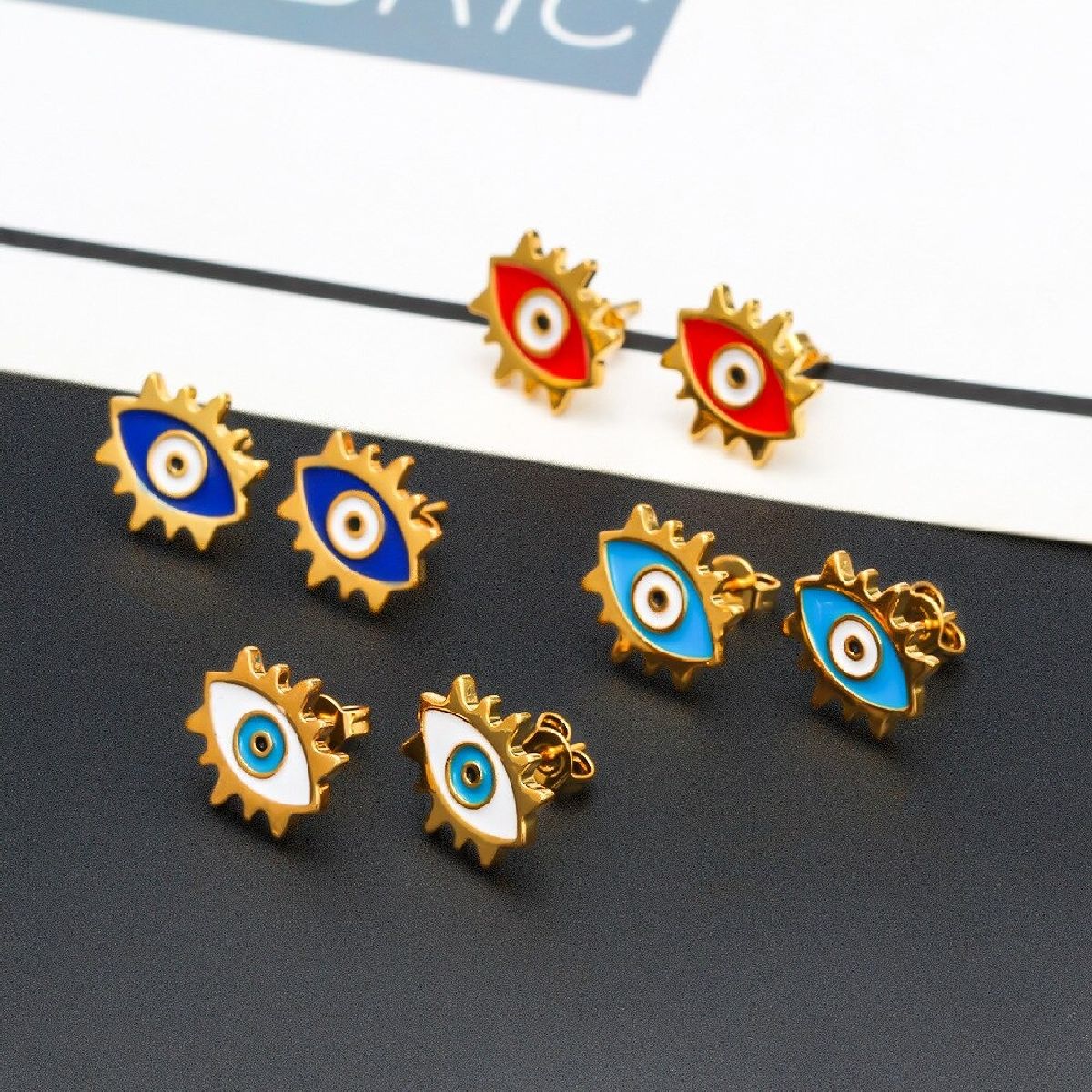 Oval Evil Eye Eyelash Blue Gold Copper Enamel Stud Earring Pair Bulk