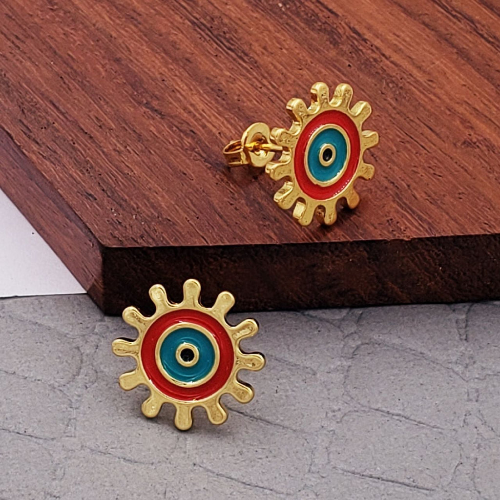 Sun Evil Eye Black Green Gold Copper Enamel Stud Earring Pair Bulk