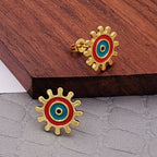 Sun Evil Eye Black Green Gold Copper Enamel Stud Earring Pair Bulk