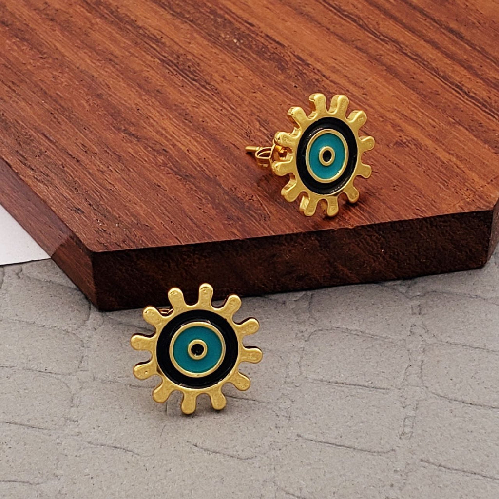 Sun Evil Eye Black Green Gold Copper Enamel Stud Earring Pair Bulk