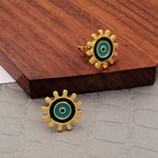 Sun Evil Eye Black Green Gold Copper Enamel Stud Earring Pair Bulk