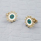Sun Evil Eye Black Green Gold Copper Enamel Stud Earring Pair Bulk
