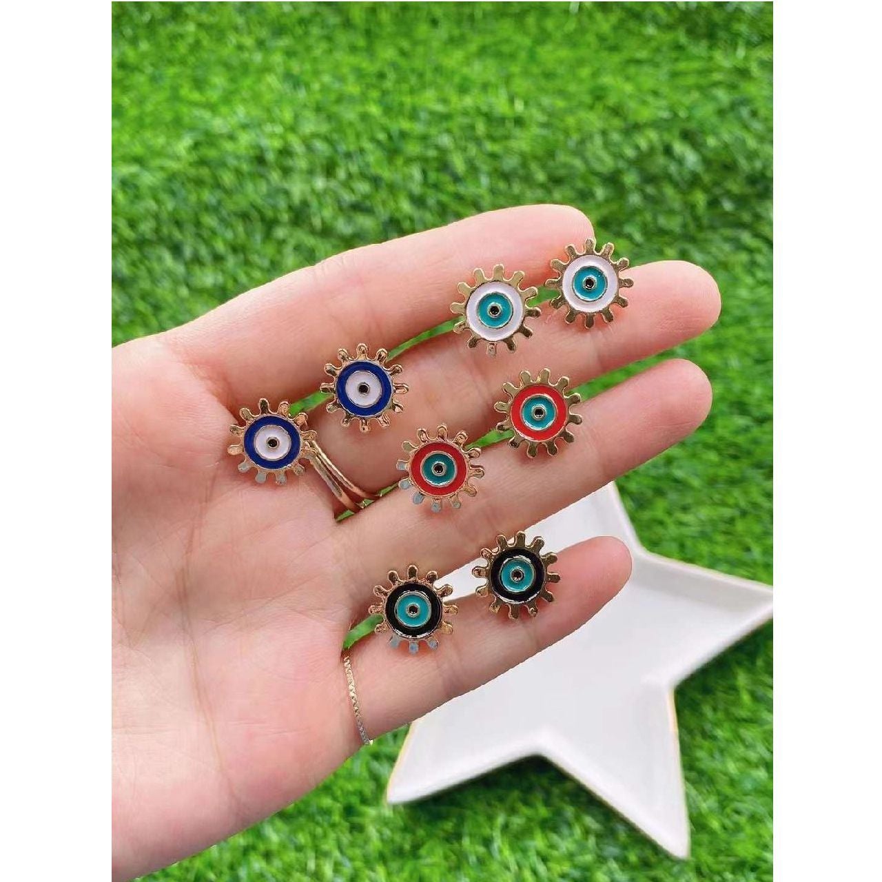 Sun Evil Eye Black Green Gold Copper Enamel Stud Earring Pair Bulk