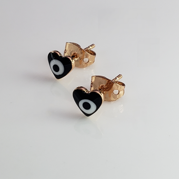 Evil Eye Tiny Black Heart Gold Stud Earring Pair Brass For Women Bulk Main image