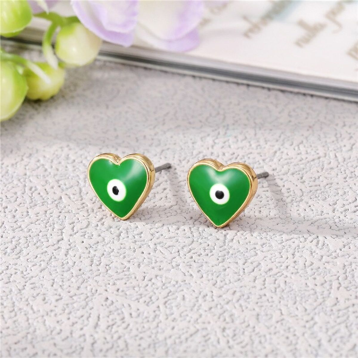 Evil Eye Tiny Black Heart Gold Stud Earring Pair Brass For Women Bulk