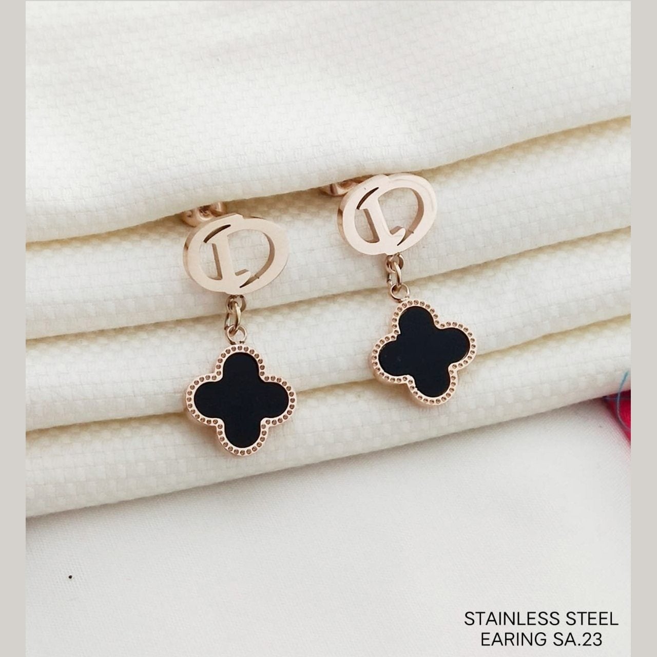 Clover Flower Rose Gold Black Stainless Steel Stud Earring Pair Bulk