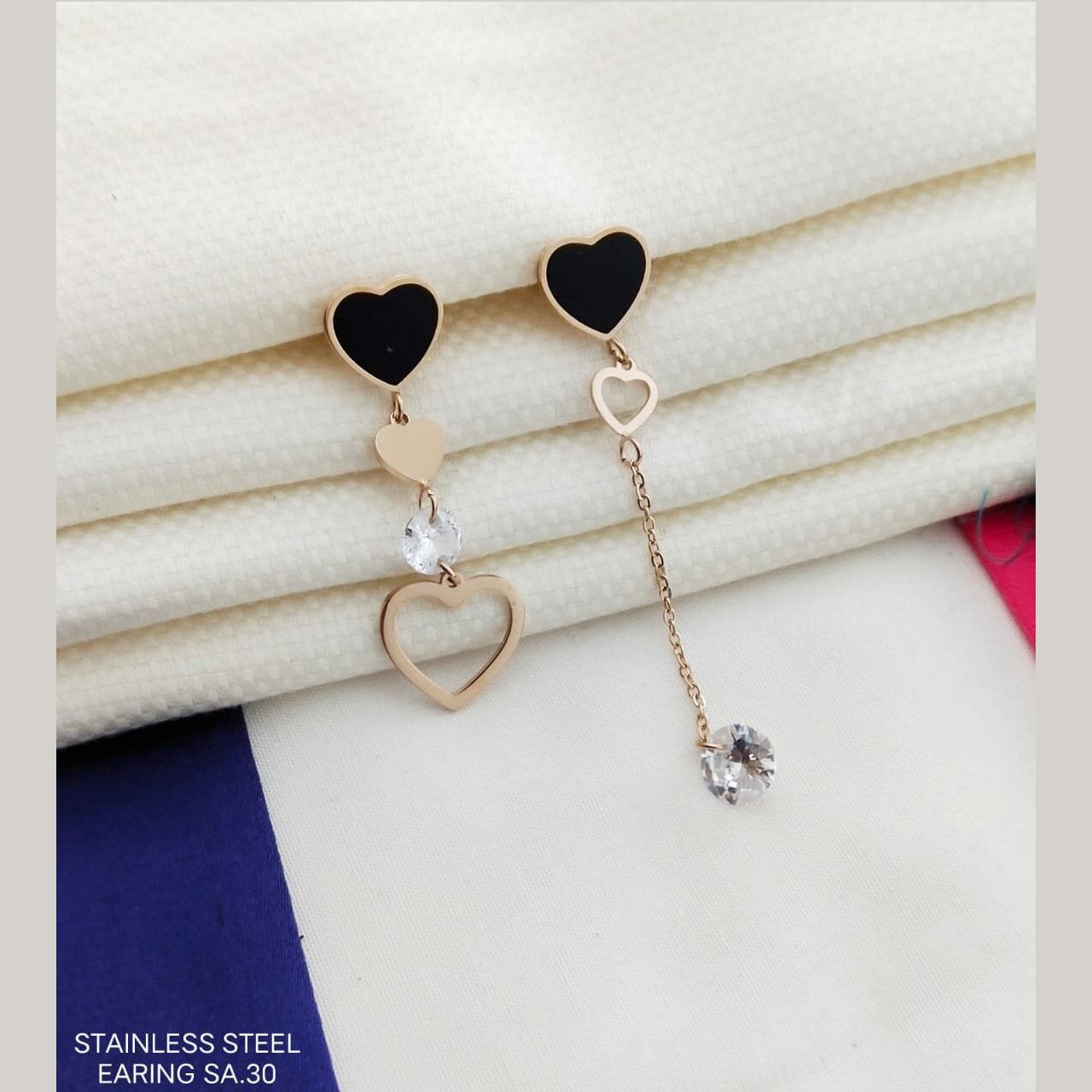 Heart Rose Gold Black American Diamond Crystal Stainless Steel Stud Tassel Earring Pair For Women Main image