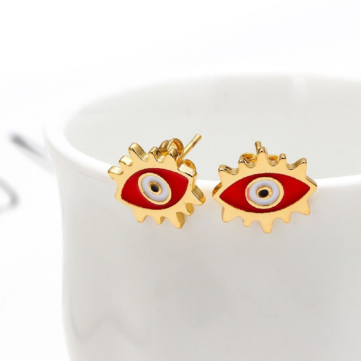 Oval Evil Eye Eyelash Blue Gold Copper Enamel Stud Earring Pair Bulk