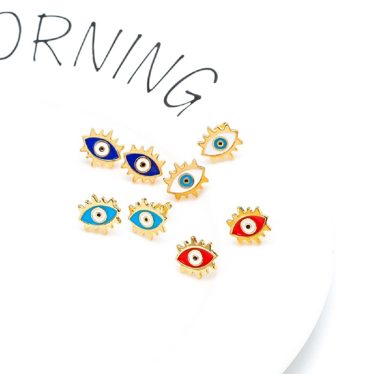 Oval Evil Eye Eyelash Blue Gold Copper Enamel Stud Earring Pair Bulk