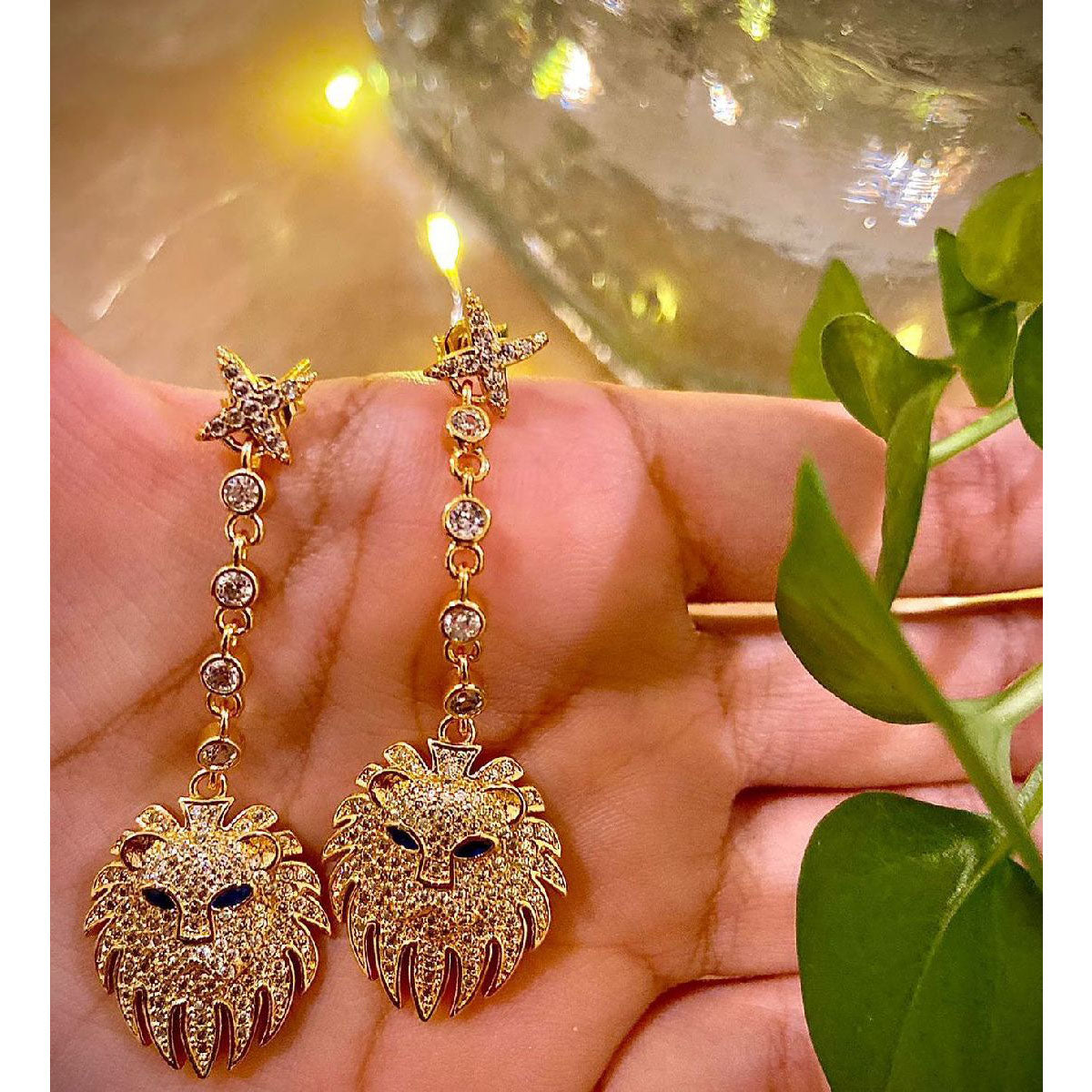 Copper Lion Cubic Zirconia Crystal Gold Dangler Earring Pair Bulk