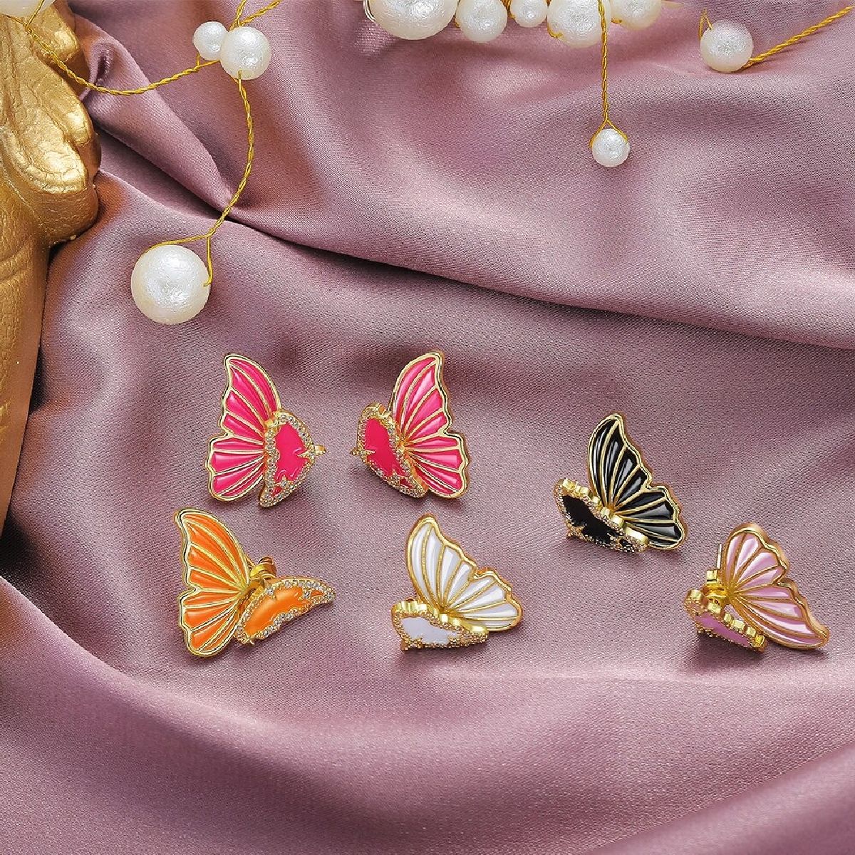 Neon Pink Double Sided Butterfly Gold Ear Cuff Earring Pair Bulk