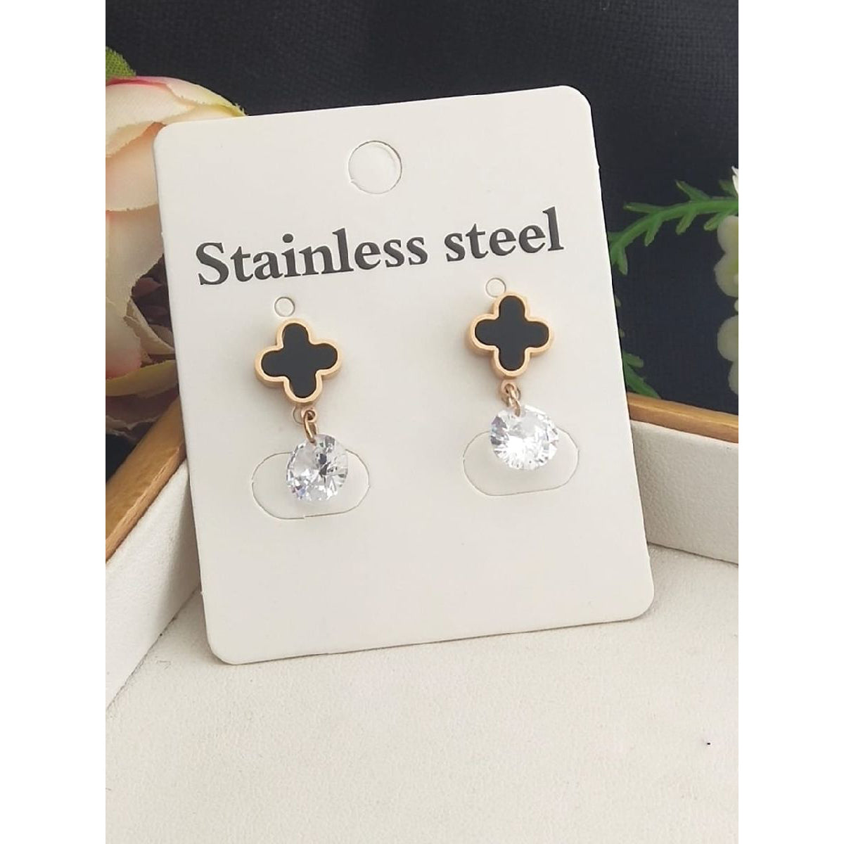 Stainless Steel Black Clover Cubic Zirconia Drop Earring Pair Bulk