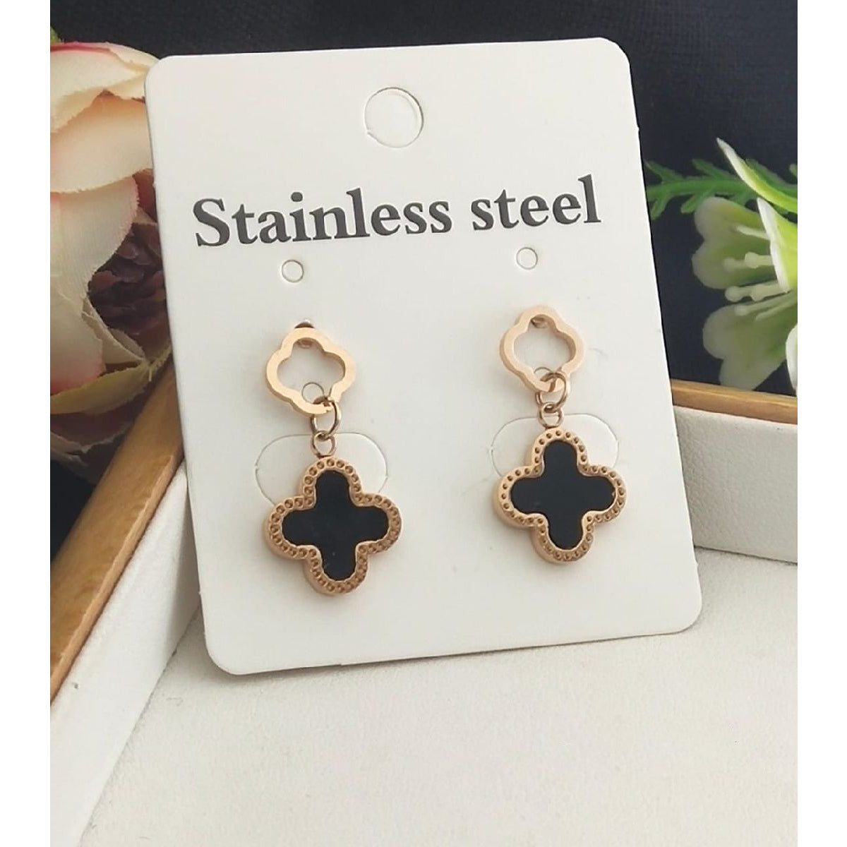 Stainless Steel Rose Gold Black Clover Drop Earring Pair Women Bulk