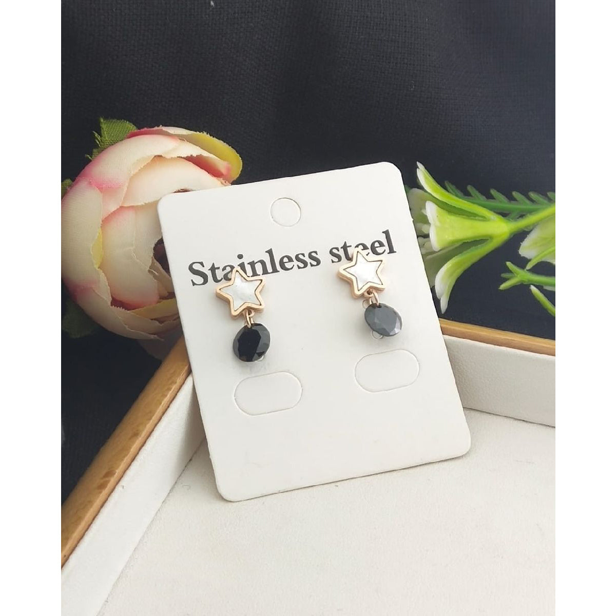 Stainless Steel Rose Gold Black Star Crystal Drop Earring Pair Bulk Main image
