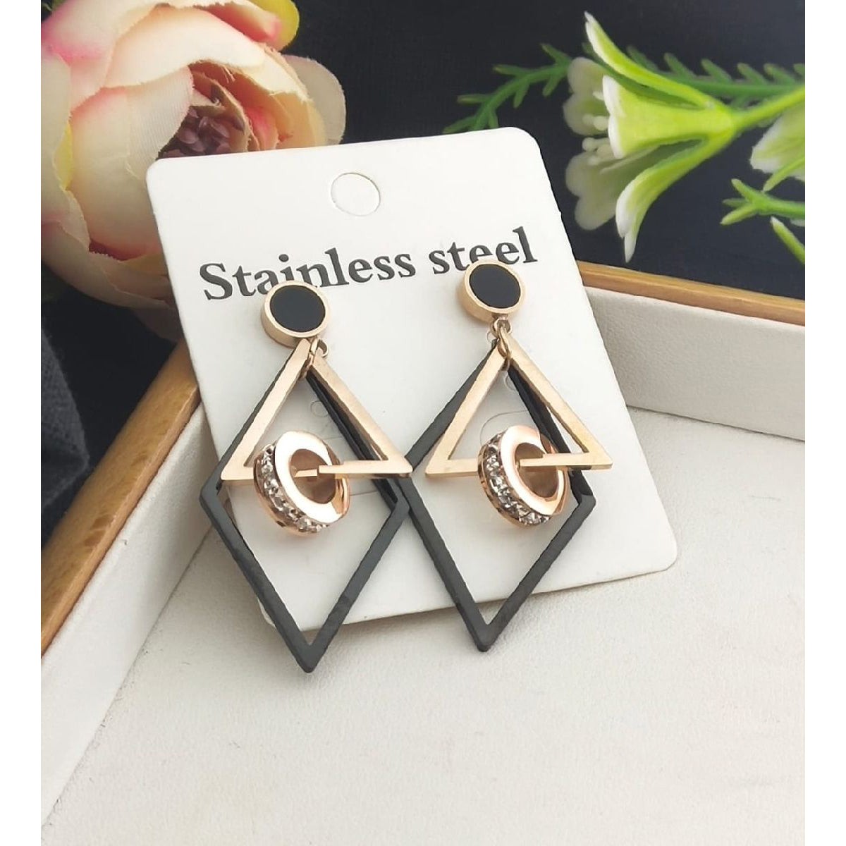 Stainless Steel Rose Gold Triangle CZ Dangler Earring Pair Bulk Main image