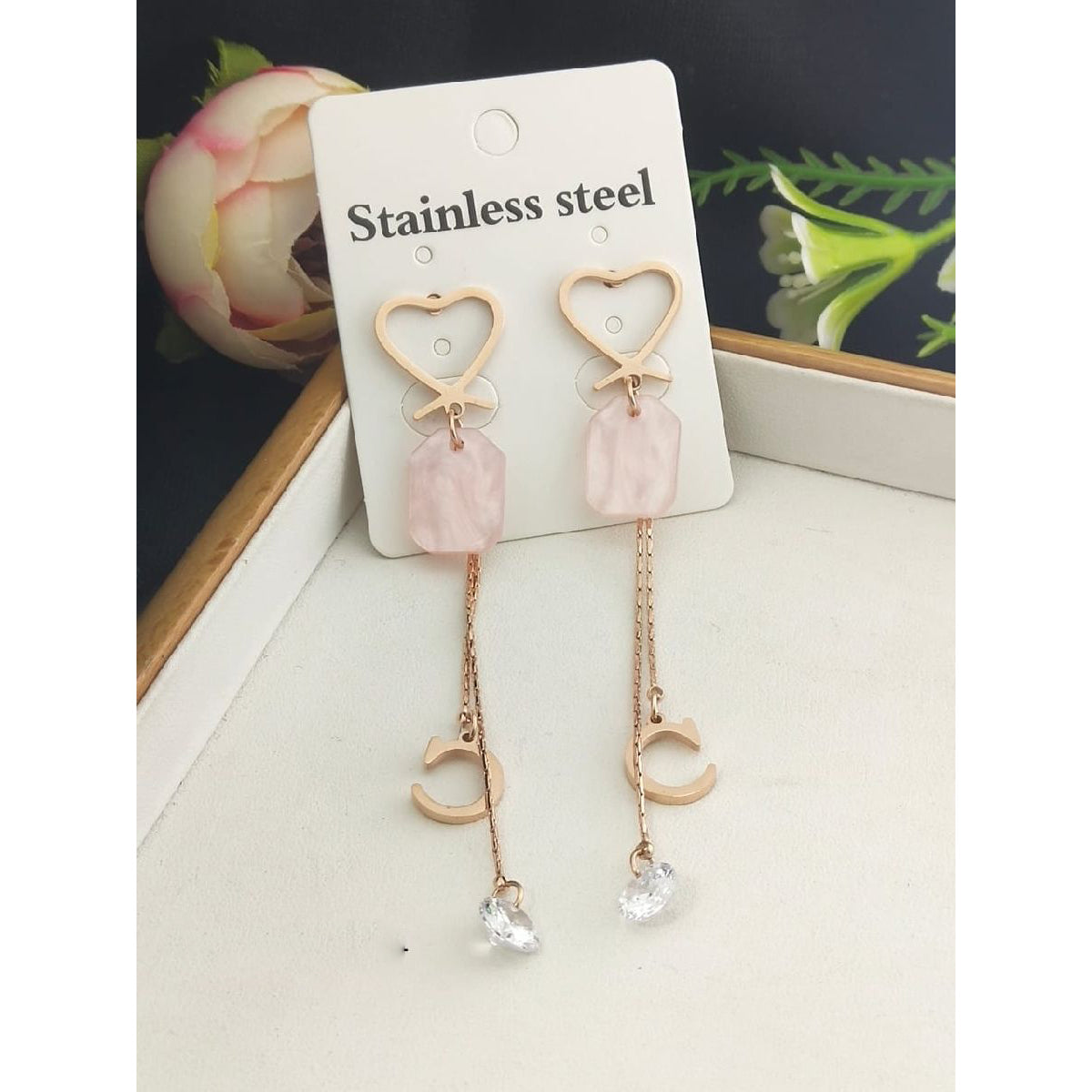 Stainless Steel Heart Cubic Zirconia Tassel Earring Pair Bulk