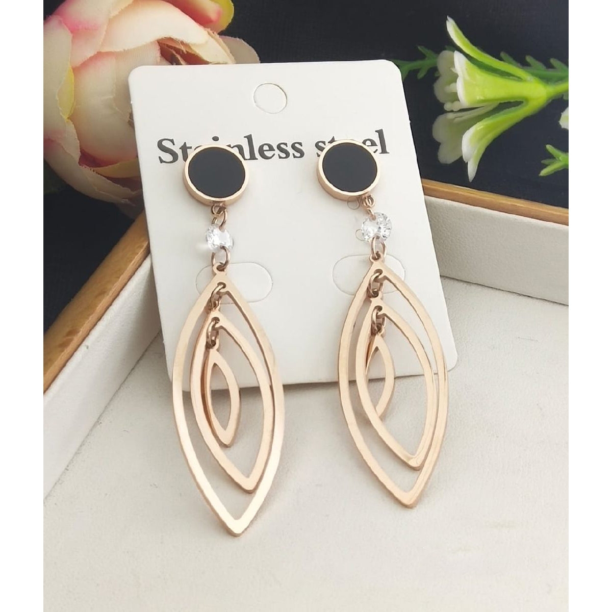 Stainless Steel Rose Gold Oval CZ Dangler Earring Pair Bulk Main image