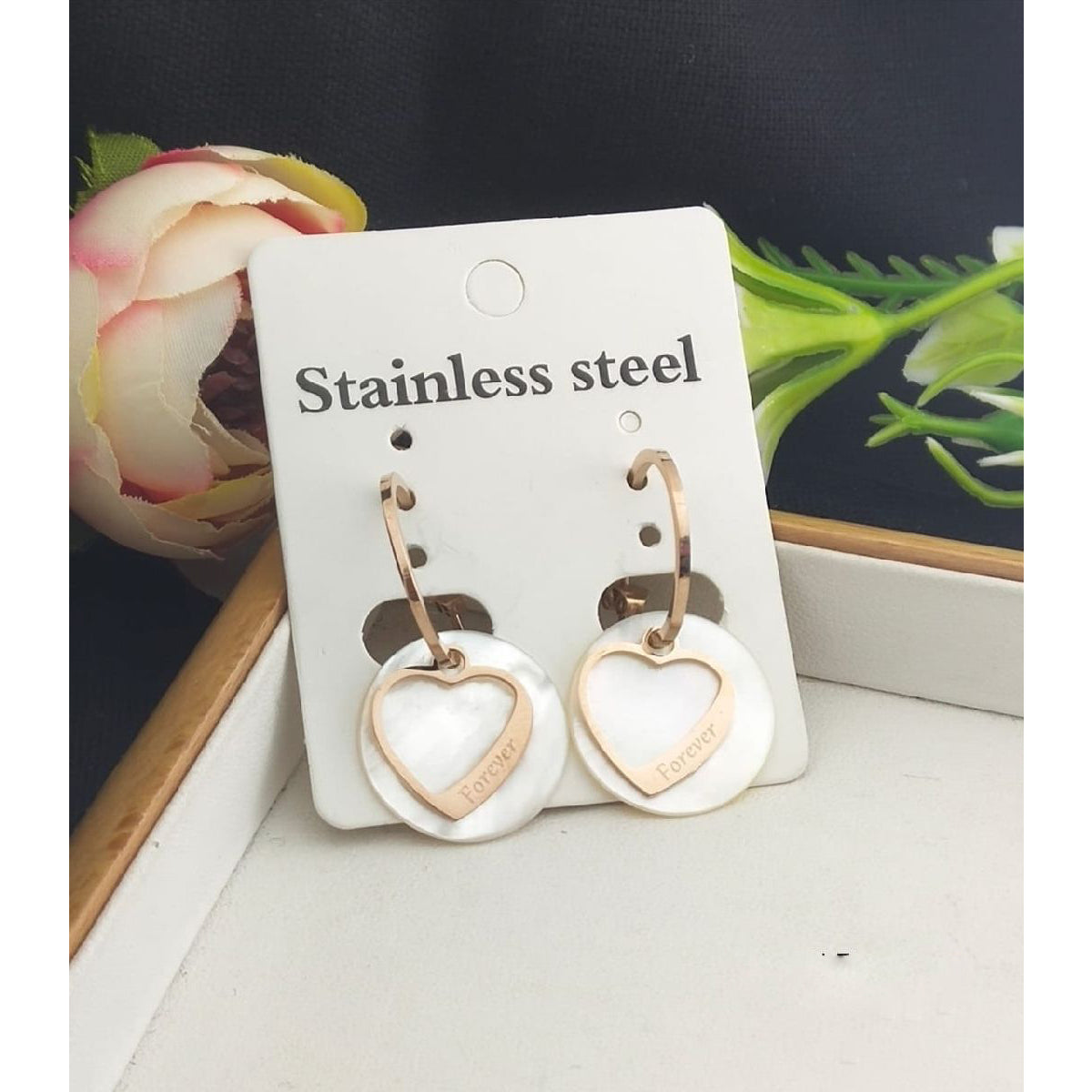 Stainless Steel Rose Gold Heart Dangler Earring Pair Women Bulk Main image