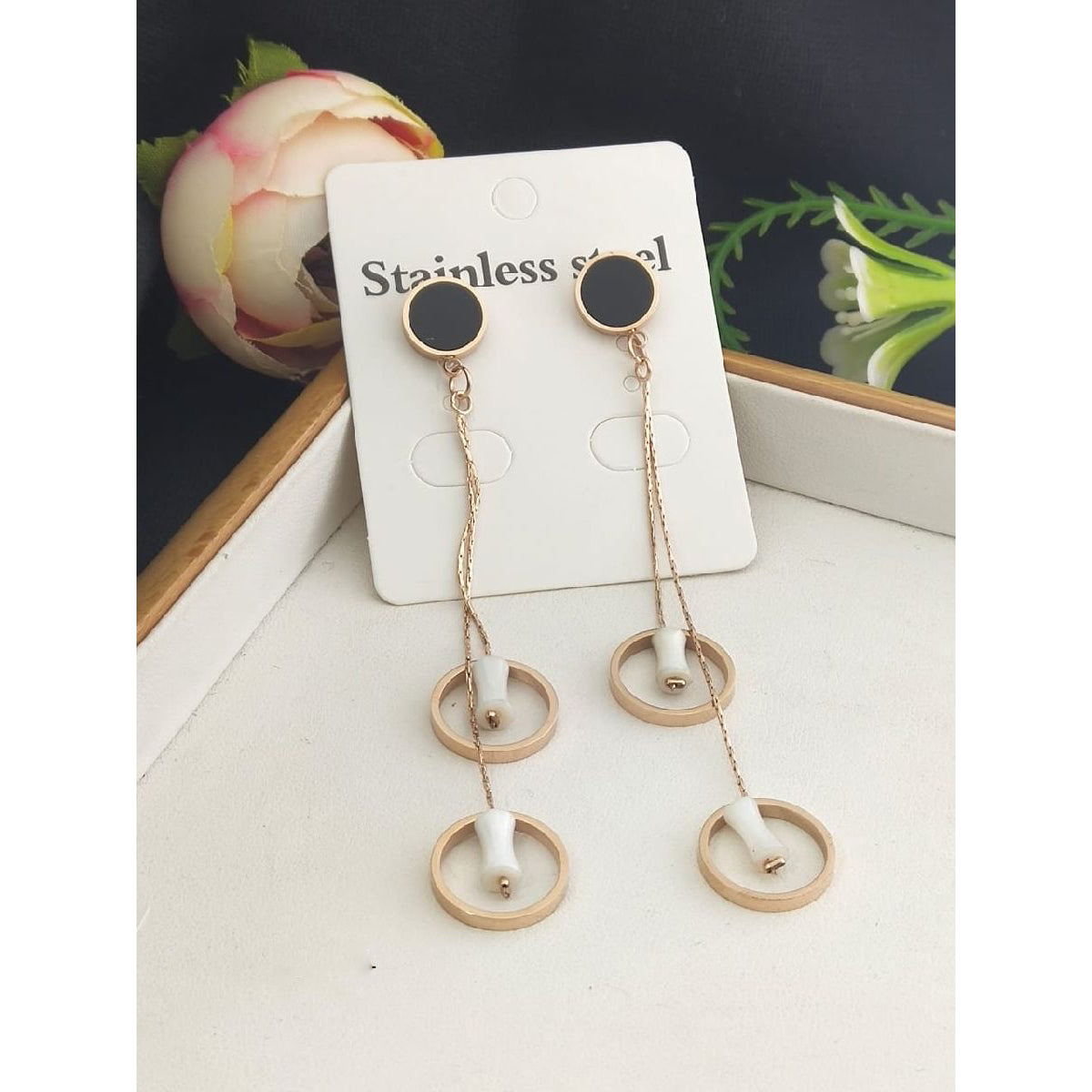 Stainless Steel Rose Gold Ring Tassel Earring Pair Women Bulk