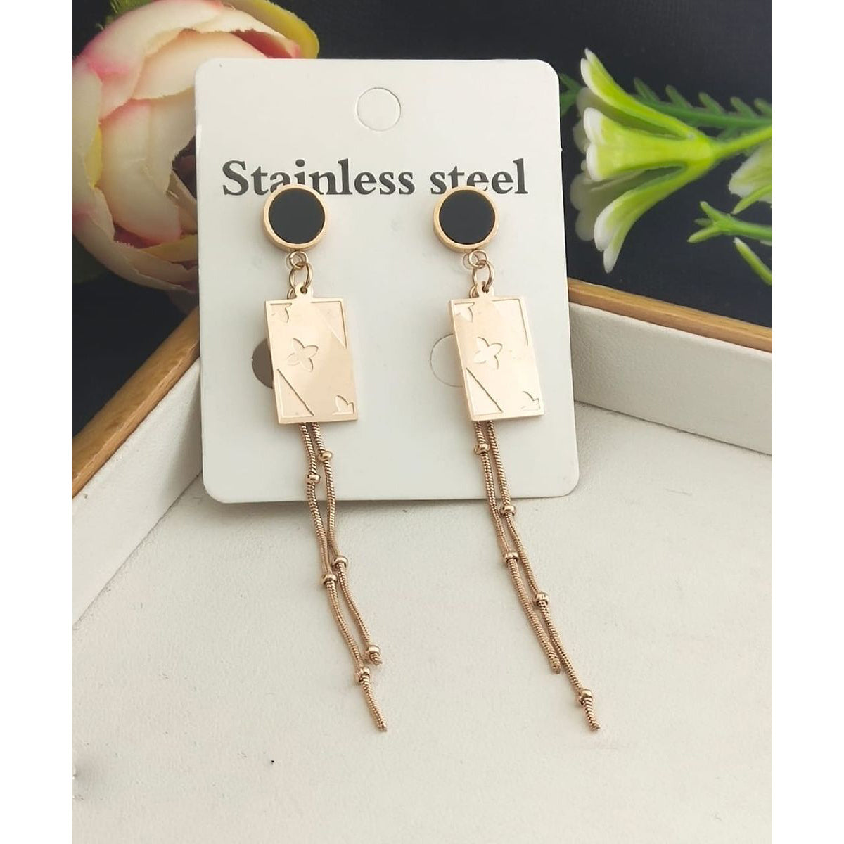 Stainless Steel Rose Gold Clover Tassel Earring Pair Women Bulk Main image