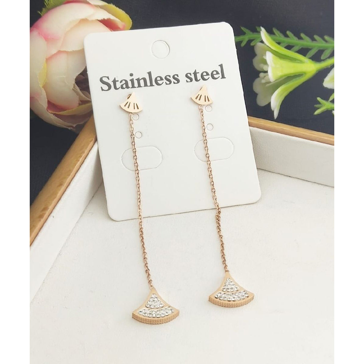 Stainless Steel Rose Gold Chain CZ Tassel Earring Pair Bulk Main image