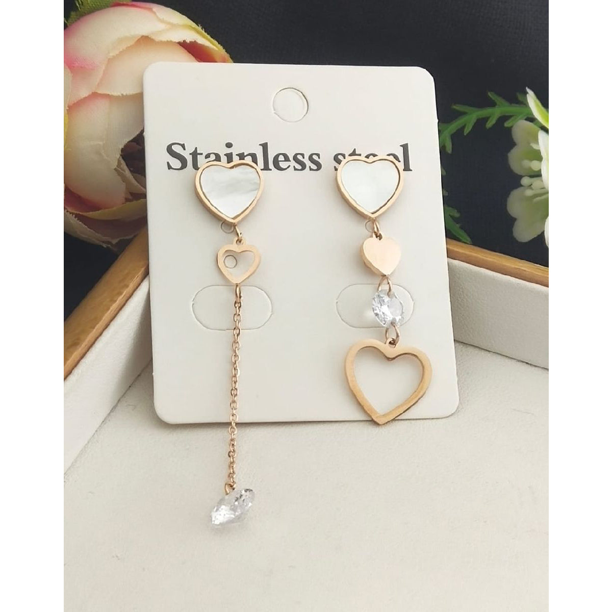 Stainless Steel Rose Gold Heart CZ Tassel Earring Pair Bulk Main image