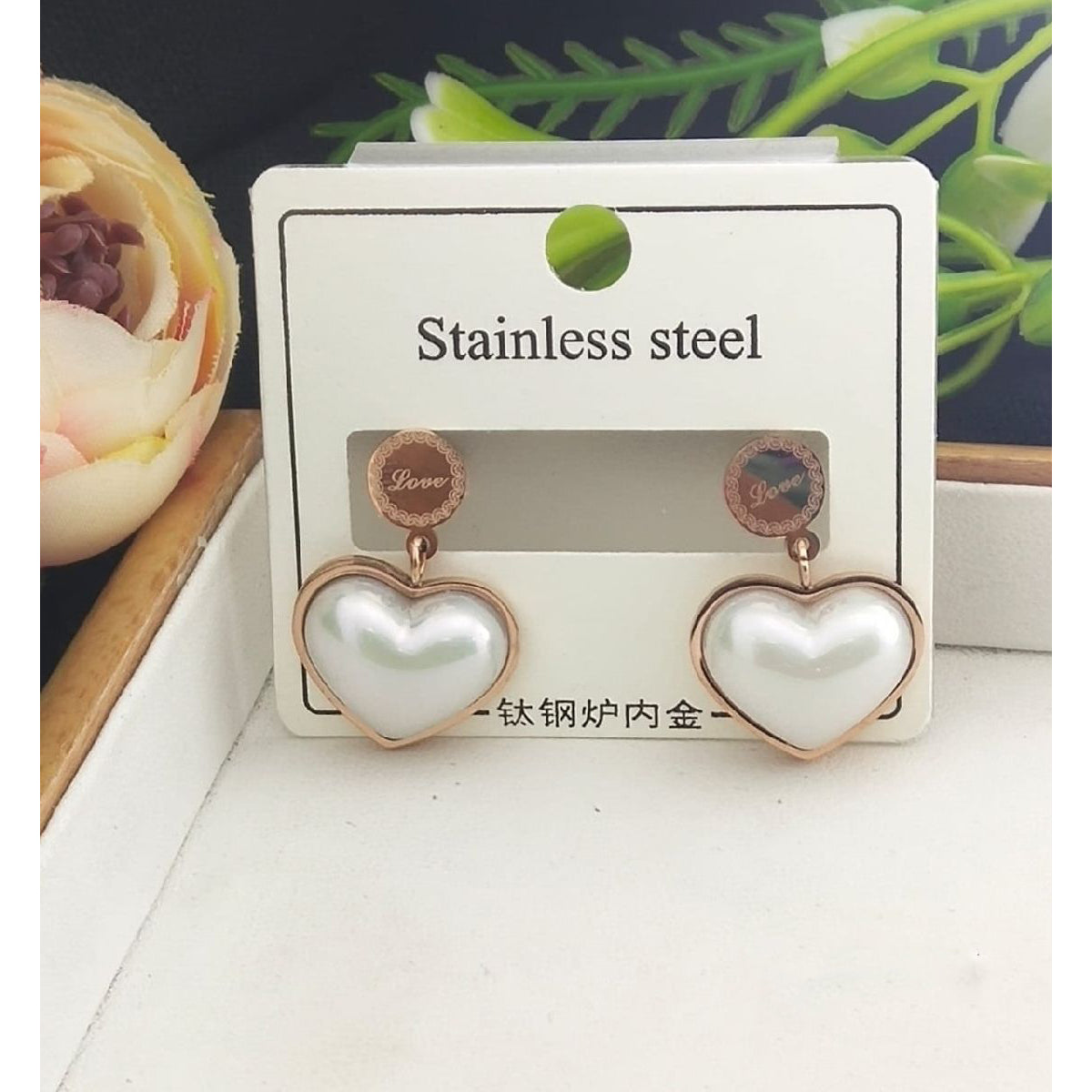 Stainless Steel Rose Gold Heart Pearl Drop Earring Pair Women Bulk Main image