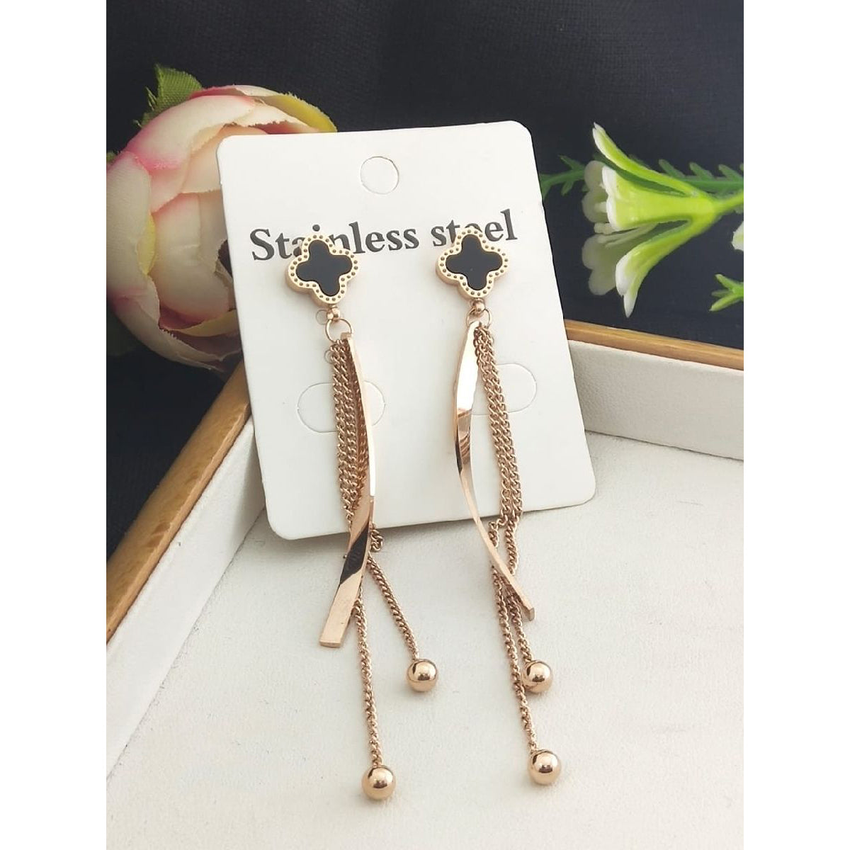 Stainless Steel Rose Gold Clover Tassel Earring Pair For Women Bulk Main image