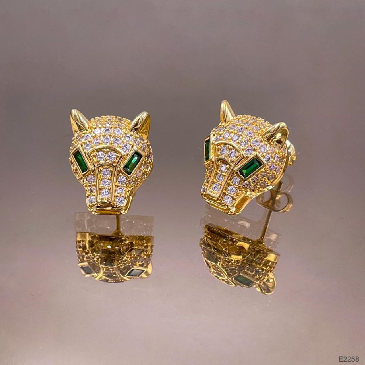 Copper Panther Lion Cubic Zirconia Studded 18K Gold Stud Earring Bulk Main image