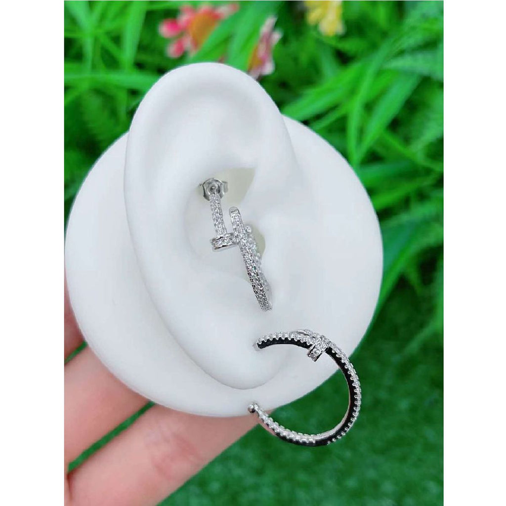 Classic Nail CZ Silver Copper Hoop Earring Pair Bulk