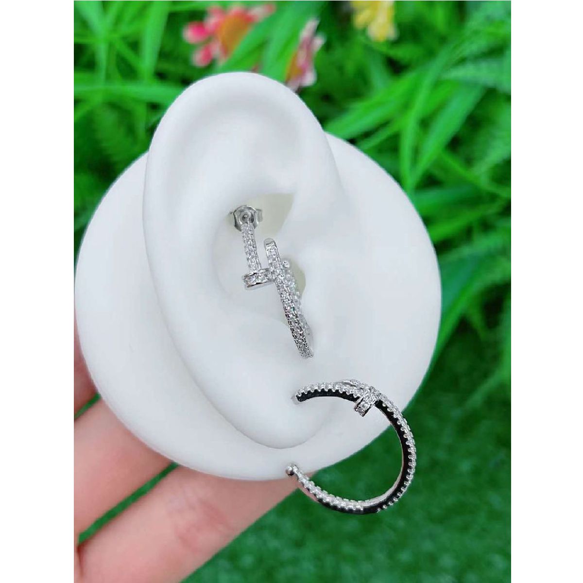 Classic Nail CZ Silver Copper Hoop Earring Pair Bulk