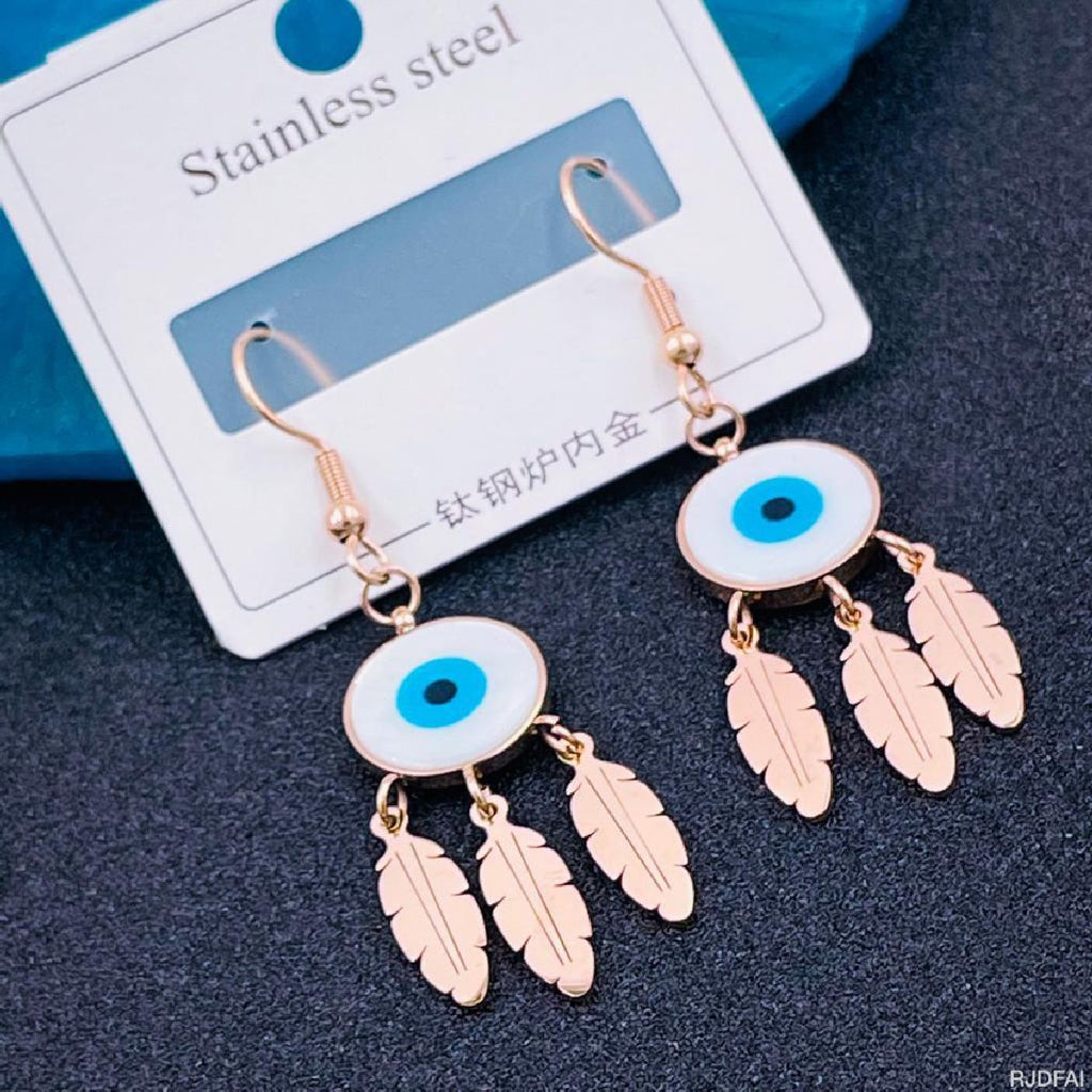 Stainless Steel Feather Evil Eye Rose Gold Dangle Earring Pair Bulk