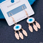 Stainless Steel Feather Evil Eye Rose Gold Dangle Earring Pair Bulk