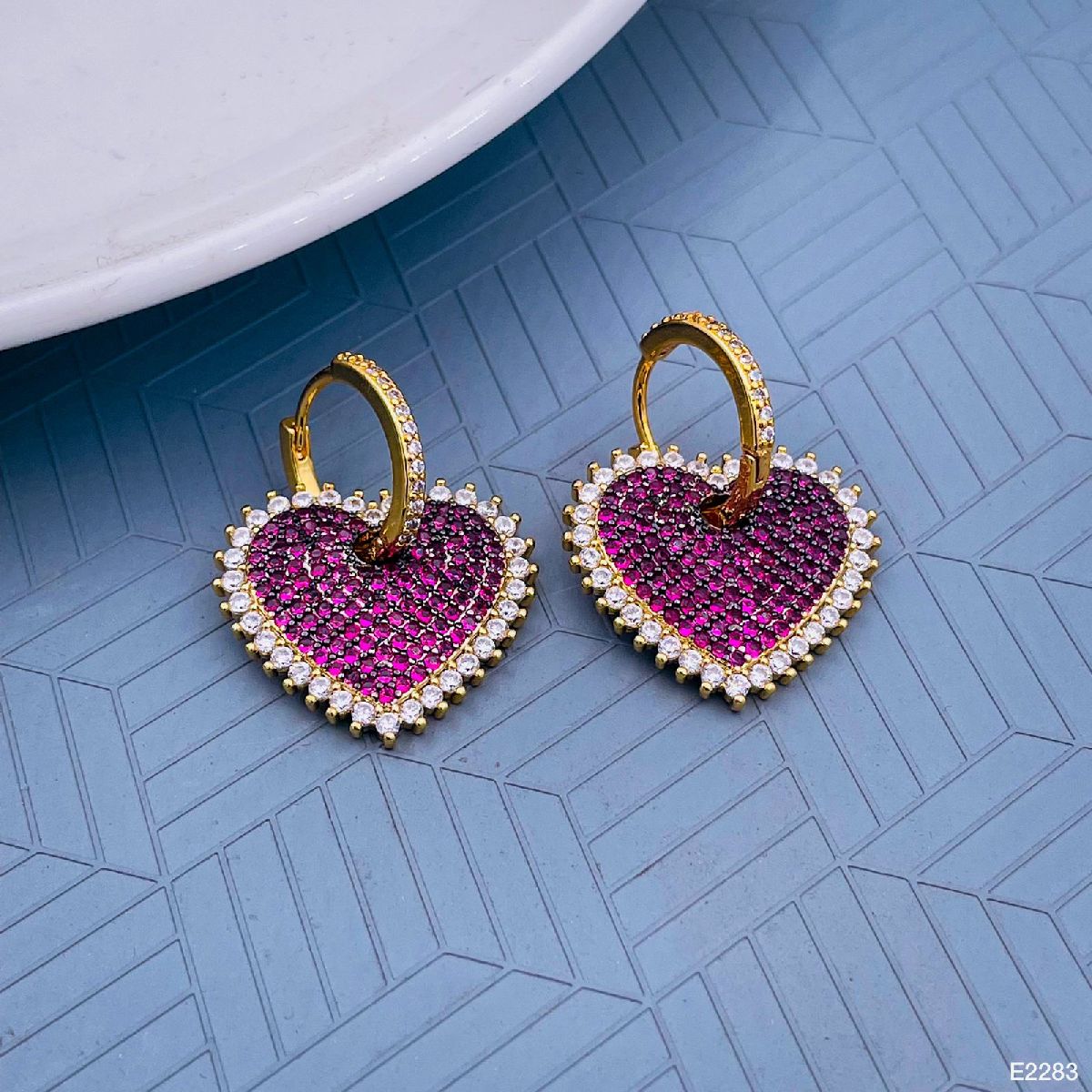 Copper Heart Gold Cubic Zirconia Hoop & Drop Earring Pair Women Bulk