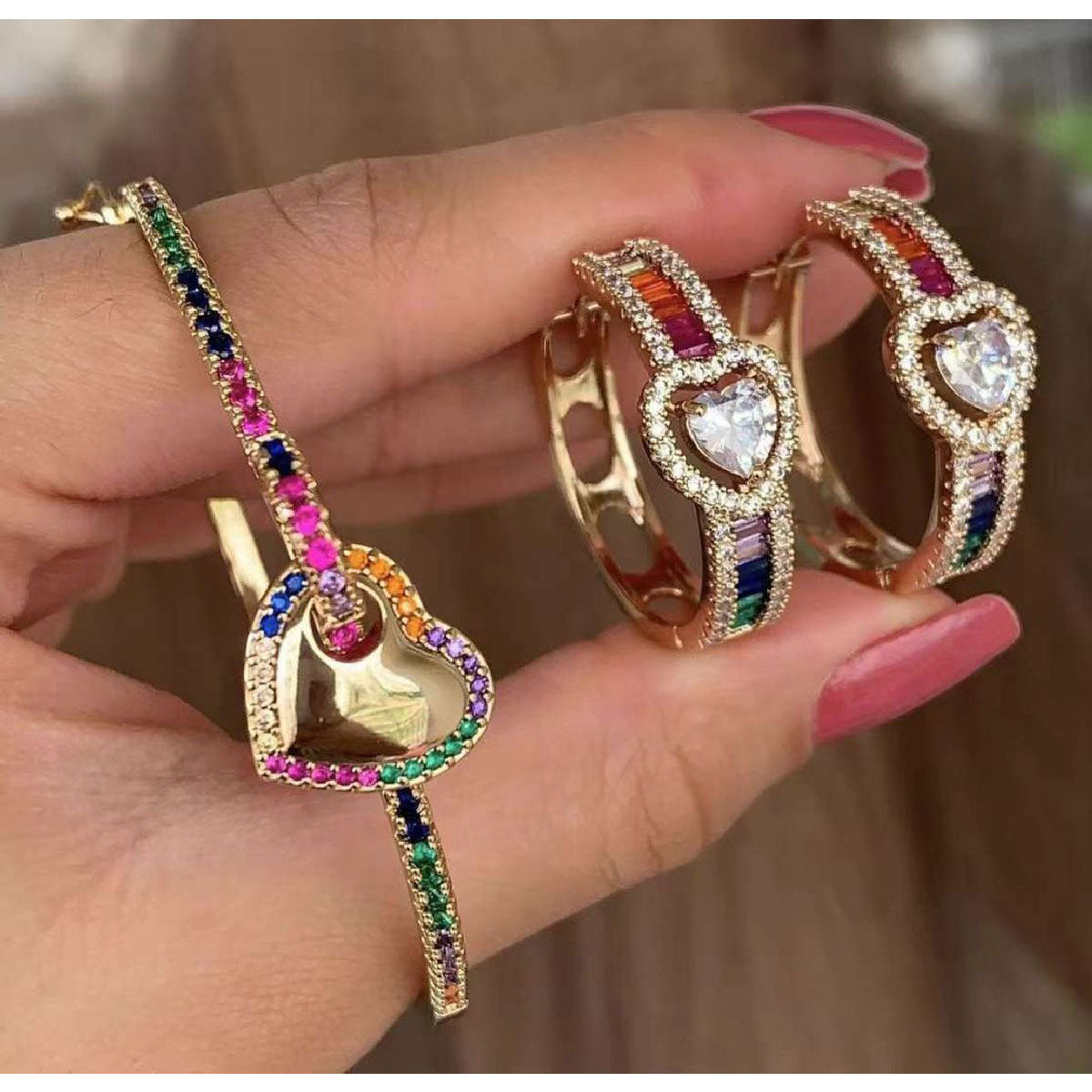 Copper Heart Multicolour Cubic Zirconia Hoop Drop Earring Pair Women