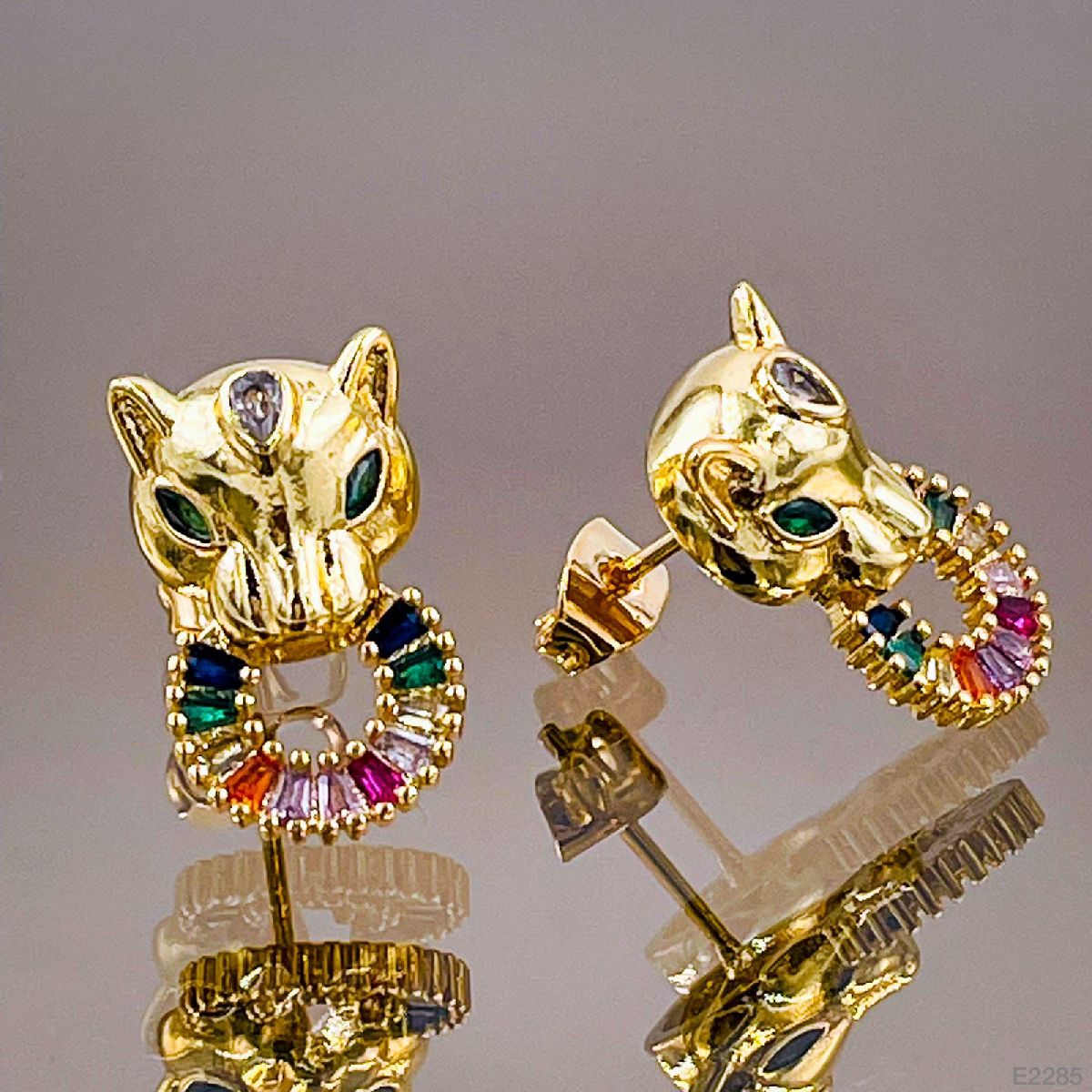 Copper Panther Rainbow Cubic Zirconia 18K Gold Stud Earring Pair Bulk